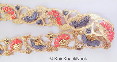 Hand Embroidered Lace Trim In Grey and Orange Floral Embroidery, Gold Sequins and Antique Gold Zardozi, Wedding
